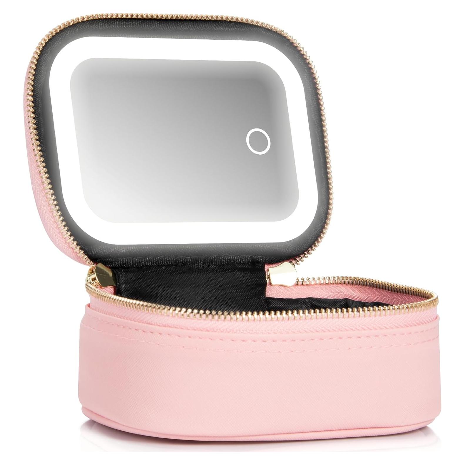 Bolsa de Maquillaje Pequeña Rosa con Espejo LED 3 Modos
