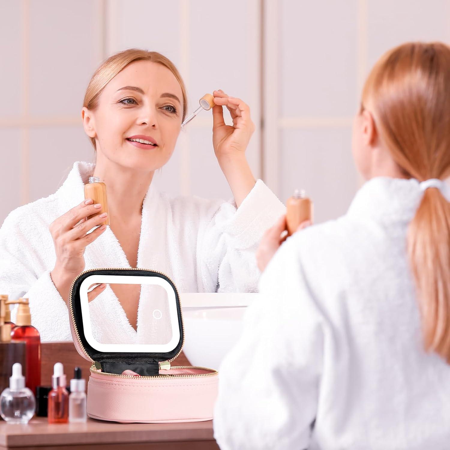 Bolsa de Maquillaje Pequeña Rosa con Espejo LED 3 Modos