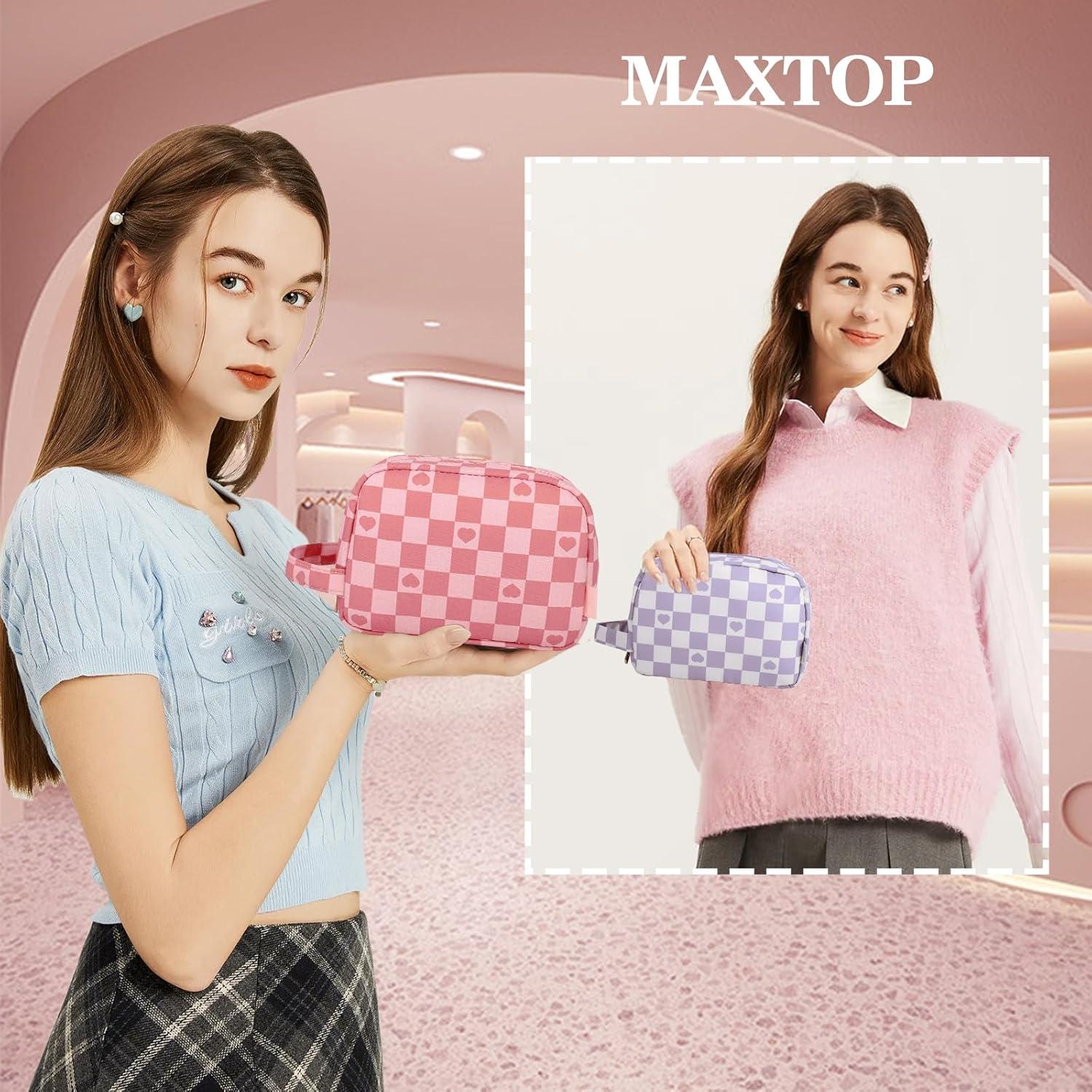 Bolsa de Maquillaje MAXTOP Cuadrícula Rosa 21.1x16x8.9 cm