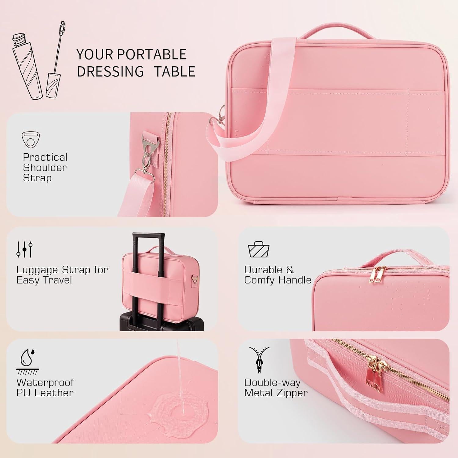 Bolsa de Maquillaje Rosa Huizhou HD902 con Espejo LED 38x28cm