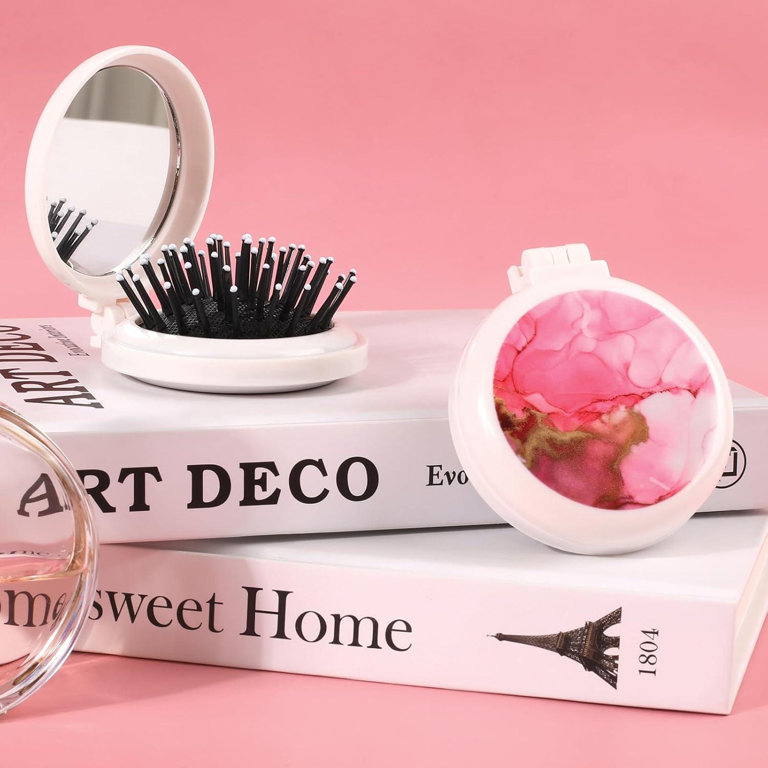 Mini Cepillo de Pelo Plegable Mengduxd con Espejo - Mármol Rojo