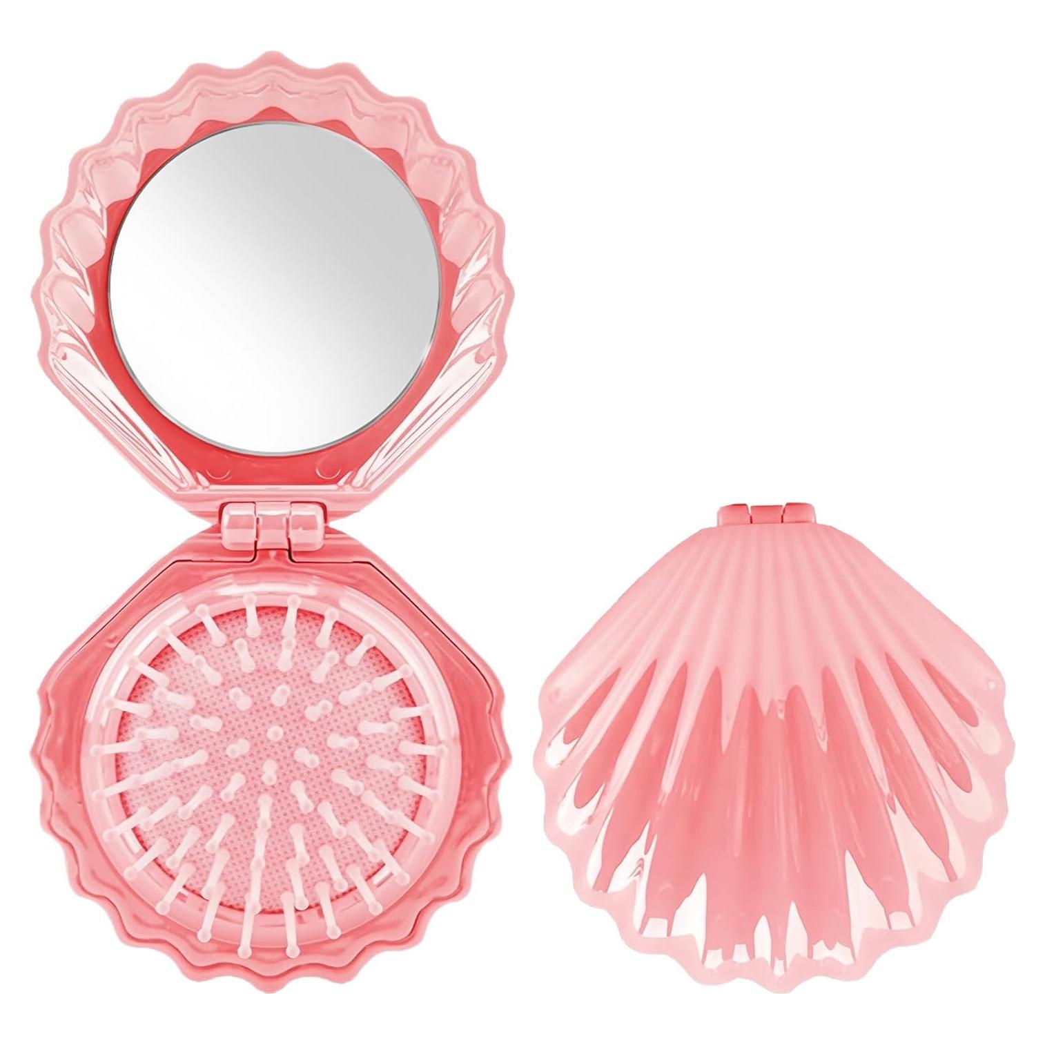 Cepillo de cabello mini rosa con espejo compacto en forma de concha