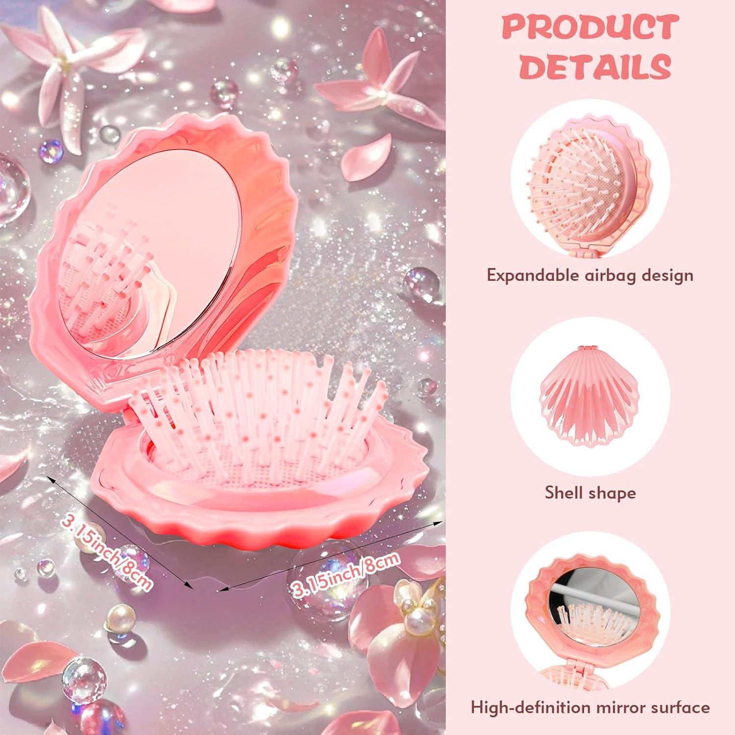 Cepillo de cabello mini rosa con espejo compacto en forma de concha