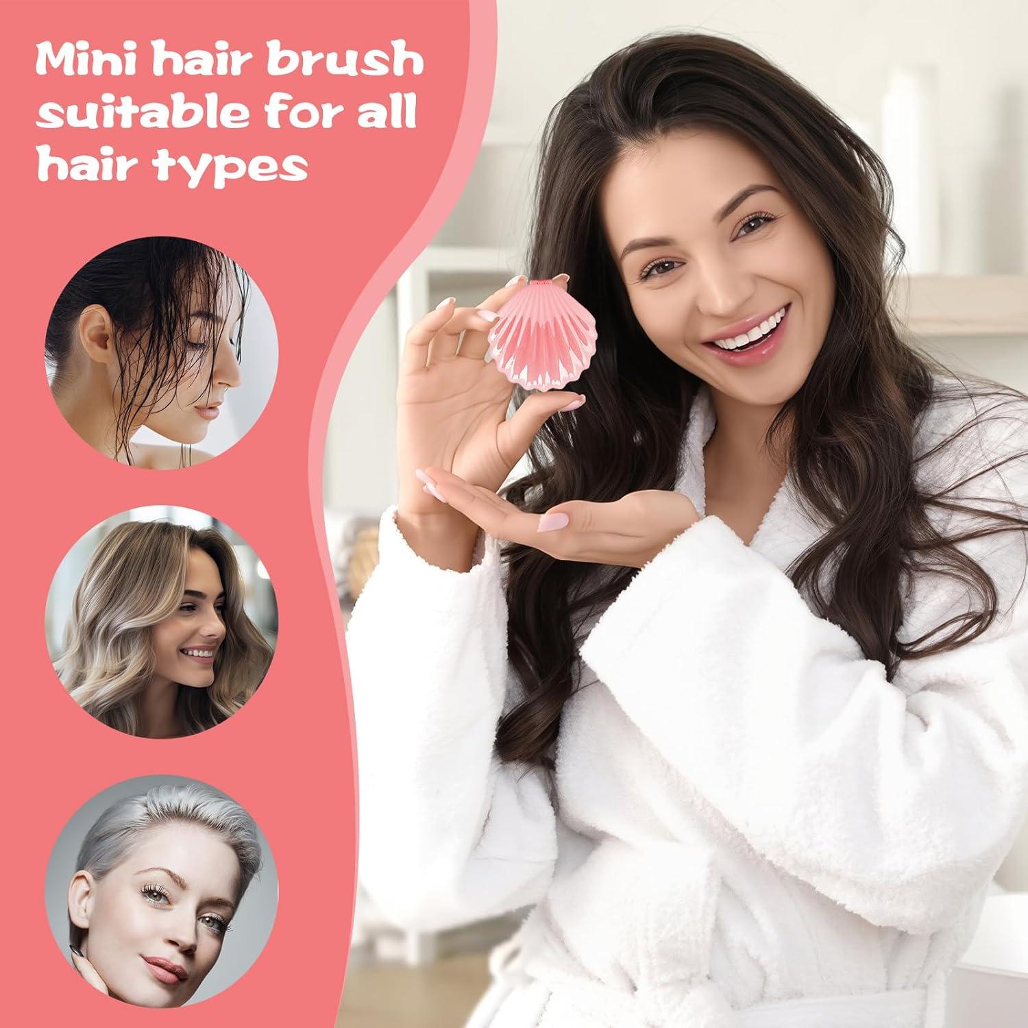 Cepillo de cabello mini rosa con espejo compacto en forma de concha