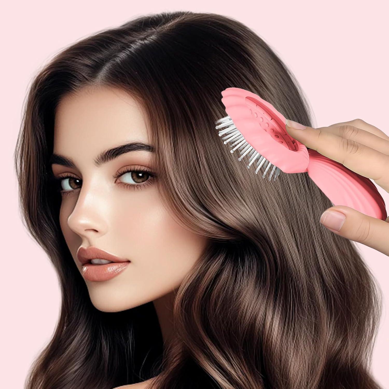 Cepillo de cabello mini rosa con espejo compacto en forma de concha