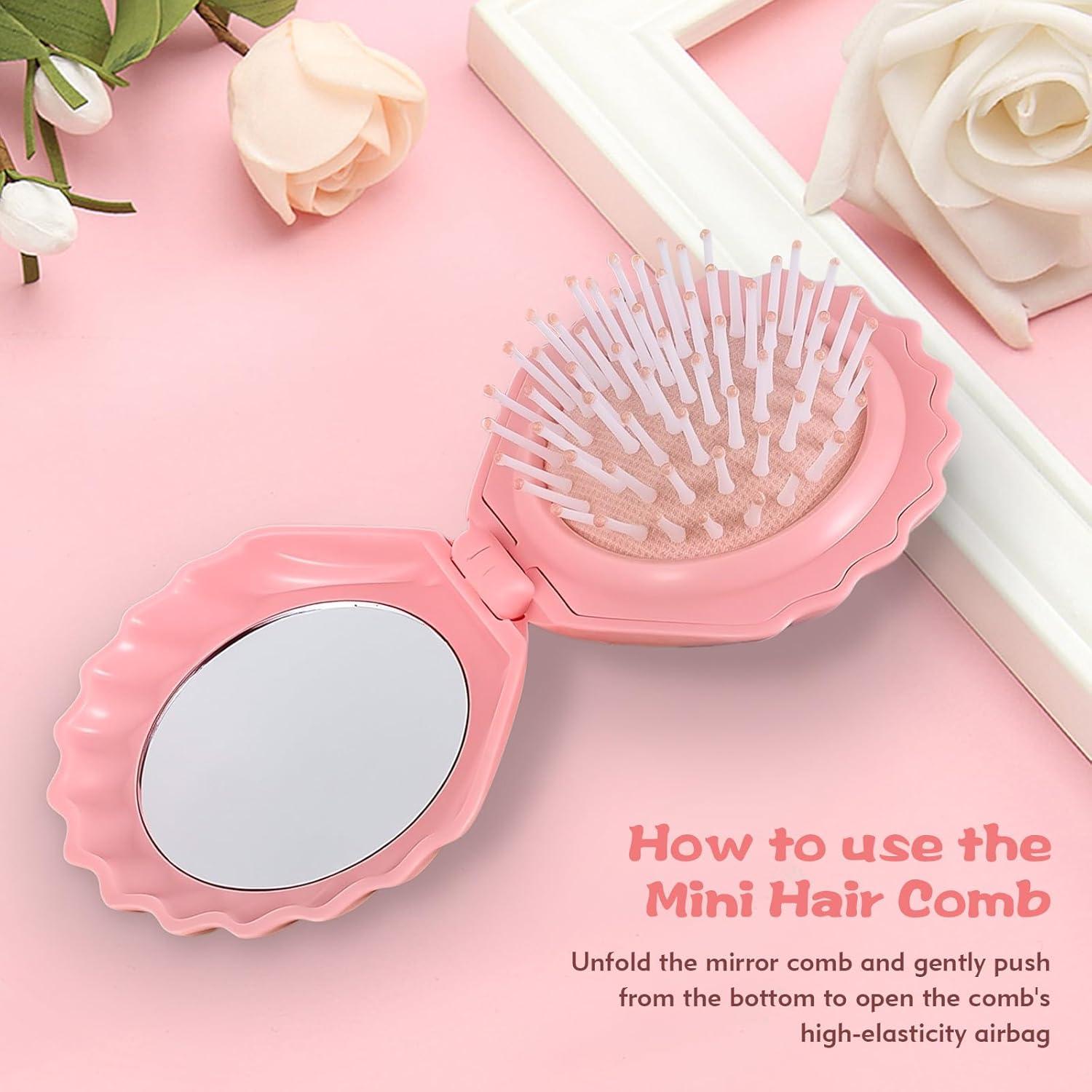 Cepillo de cabello mini rosa con espejo compacto en forma de concha
