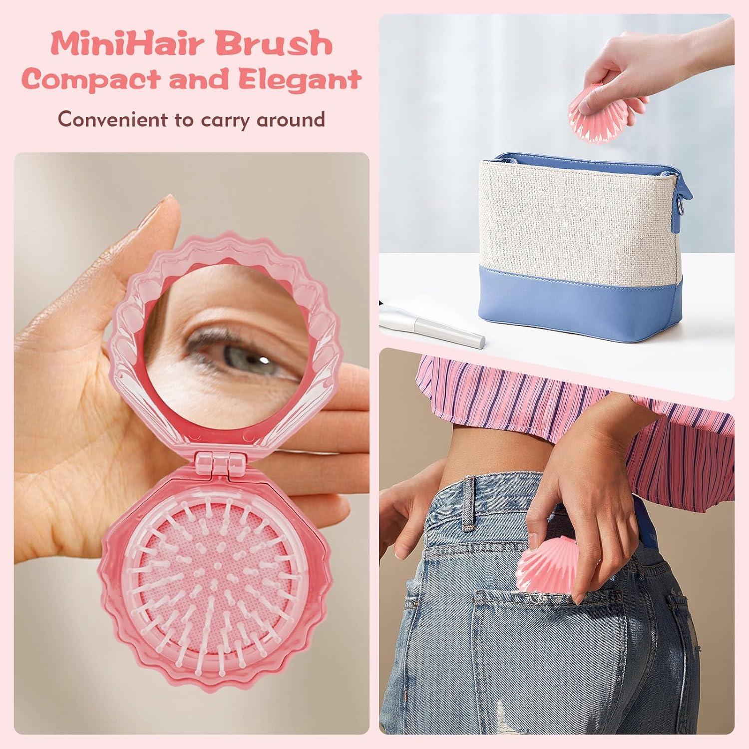 Cepillo de cabello mini rosa con espejo compacto en forma de concha