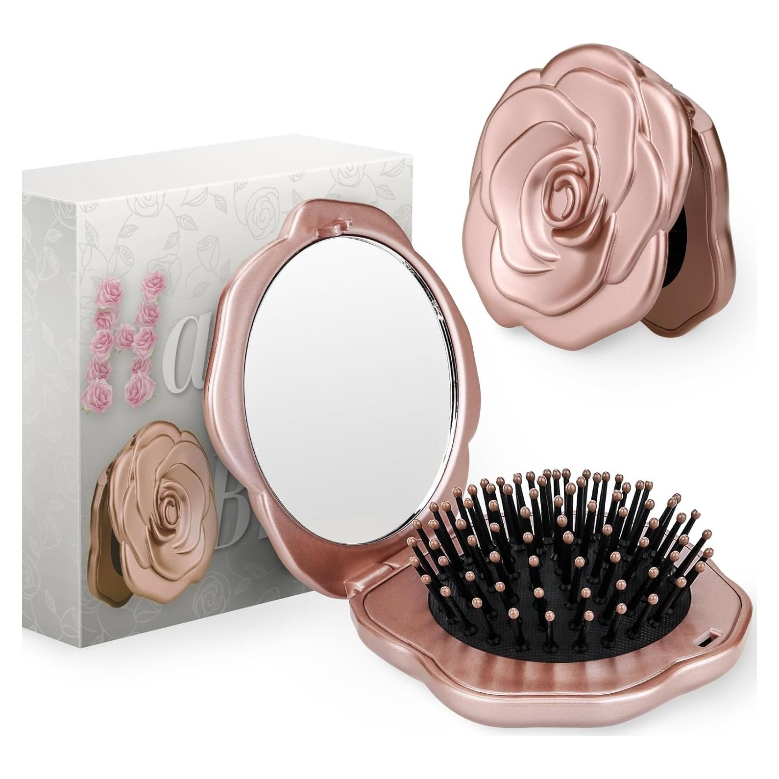 Cepillo de Pelo Plegable Ancable con Espejo Rosa 11.6cm