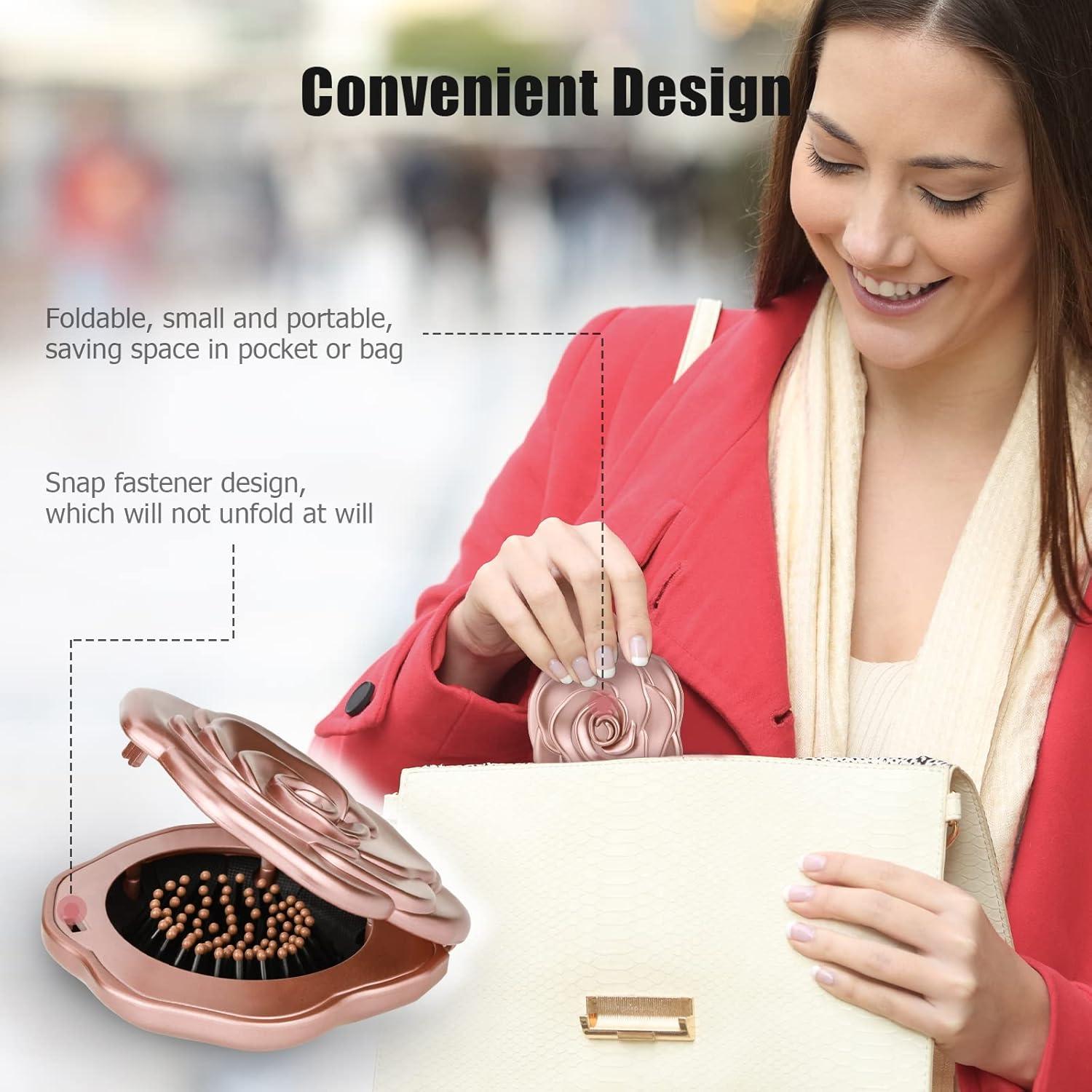 Cepillo de Pelo Plegable Ancable con Espejo Rosa 11.6cm