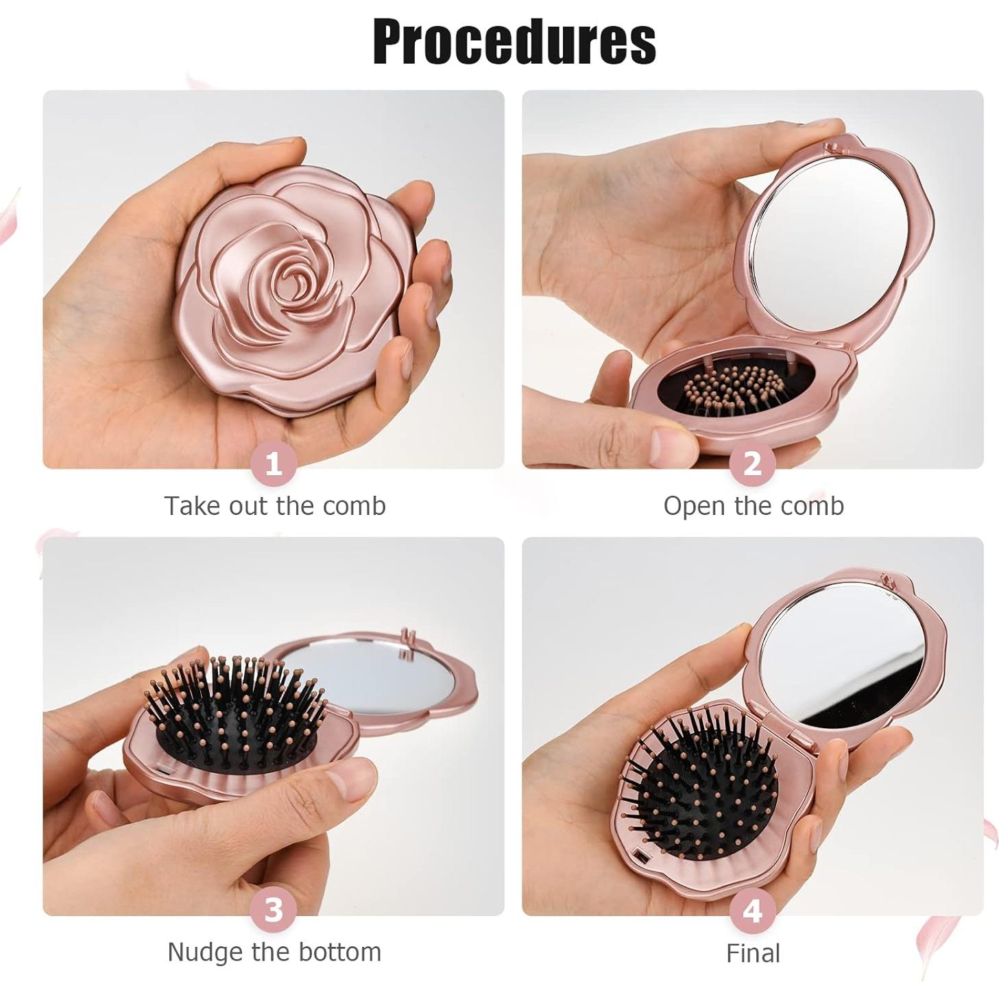 Cepillo de Pelo Plegable Ancable con Espejo Rosa 11.6cm