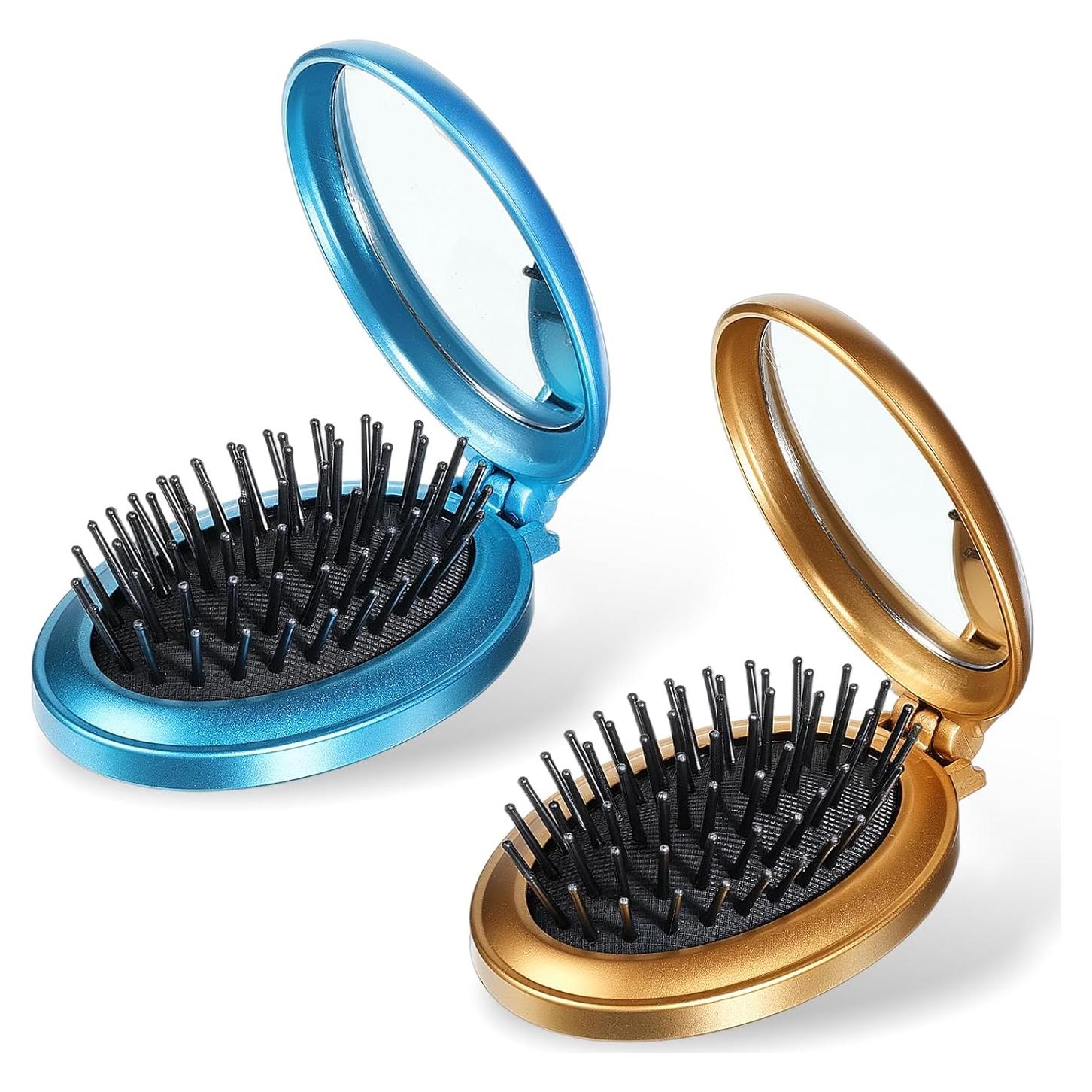 Cepillo de Pelo Plegable con Espejo Gtziqa 2 Pcs Mini Oro Azul