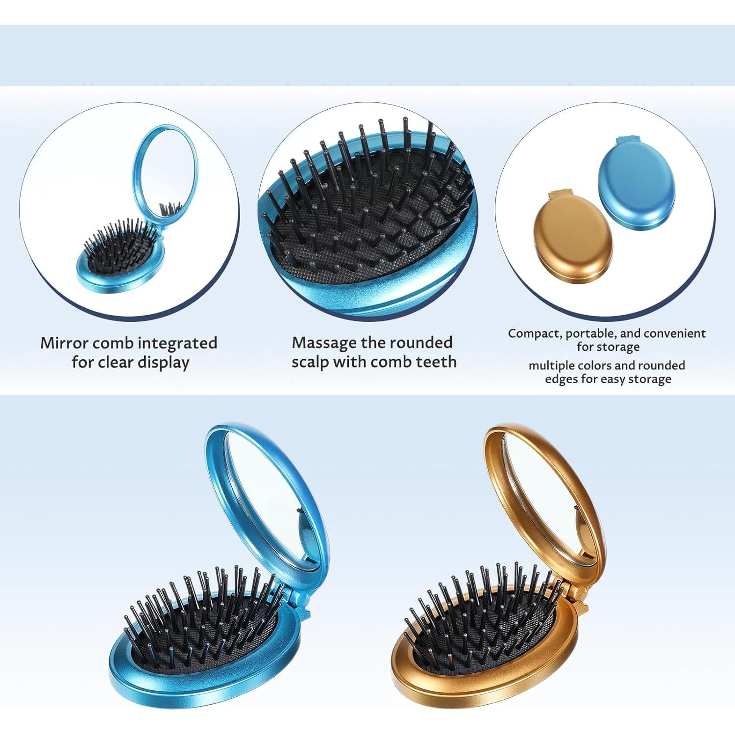 Cepillo de Pelo Plegable con Espejo Gtziqa 2 Pcs Mini Oro Azul