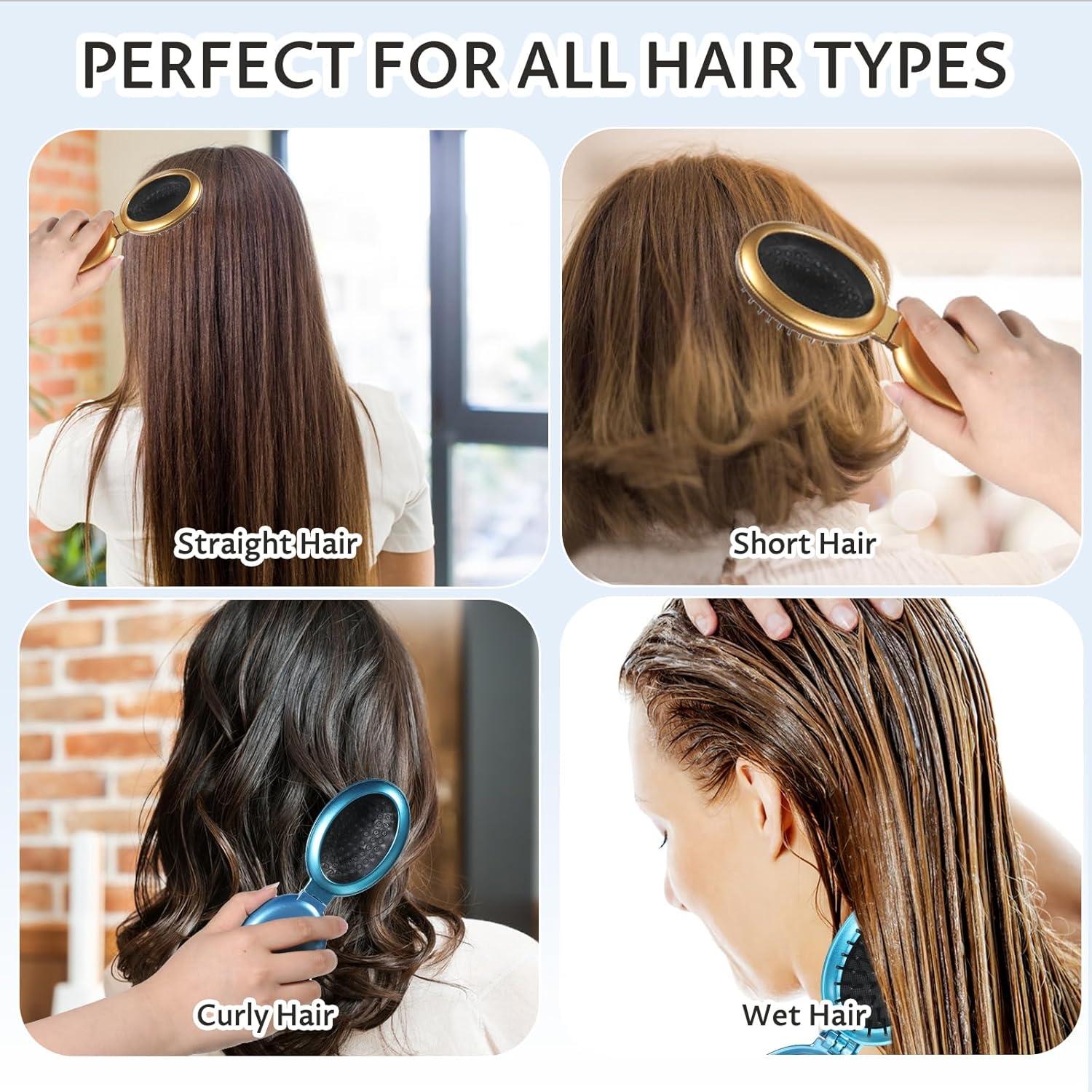 Cepillo de Pelo Plegable con Espejo Gtziqa 2 Pcs Mini Oro Azul