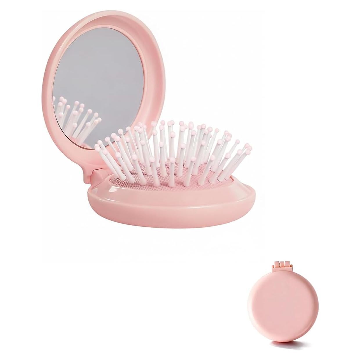 Mini Cepillo Plegable con Espejo Rosa - Cerdas Nylon Suaves