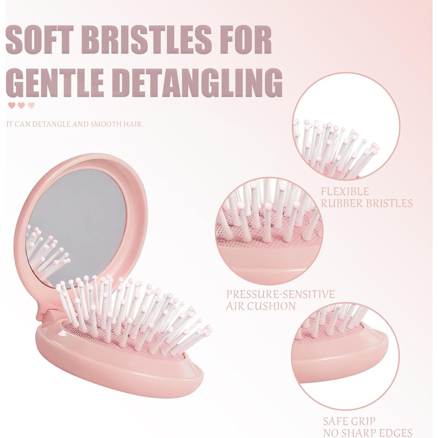 Mini Cepillo Plegable con Espejo Rosa - Cerdas Nylon Suaves