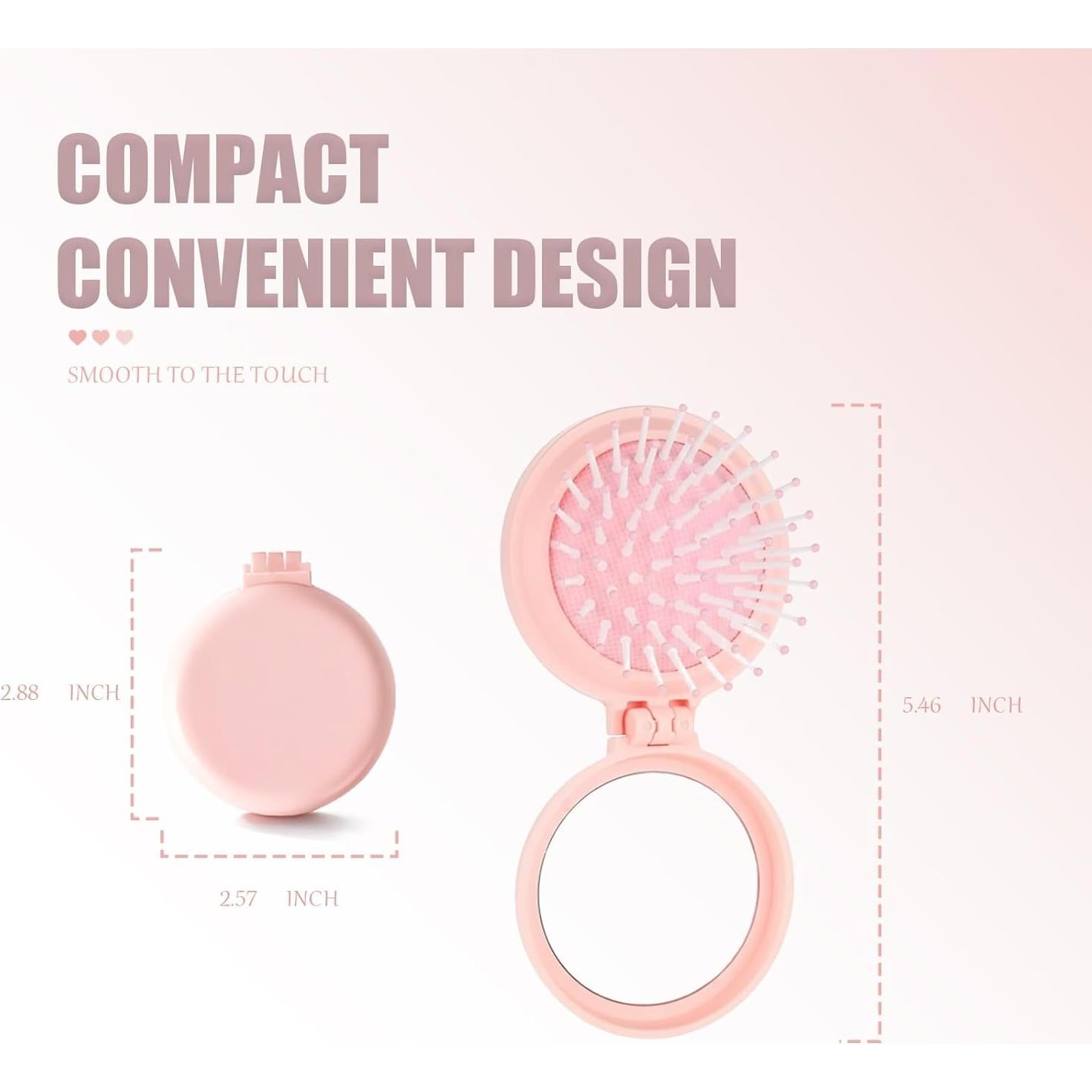 Mini Cepillo Plegable con Espejo Rosa - Cerdas Nylon Suaves