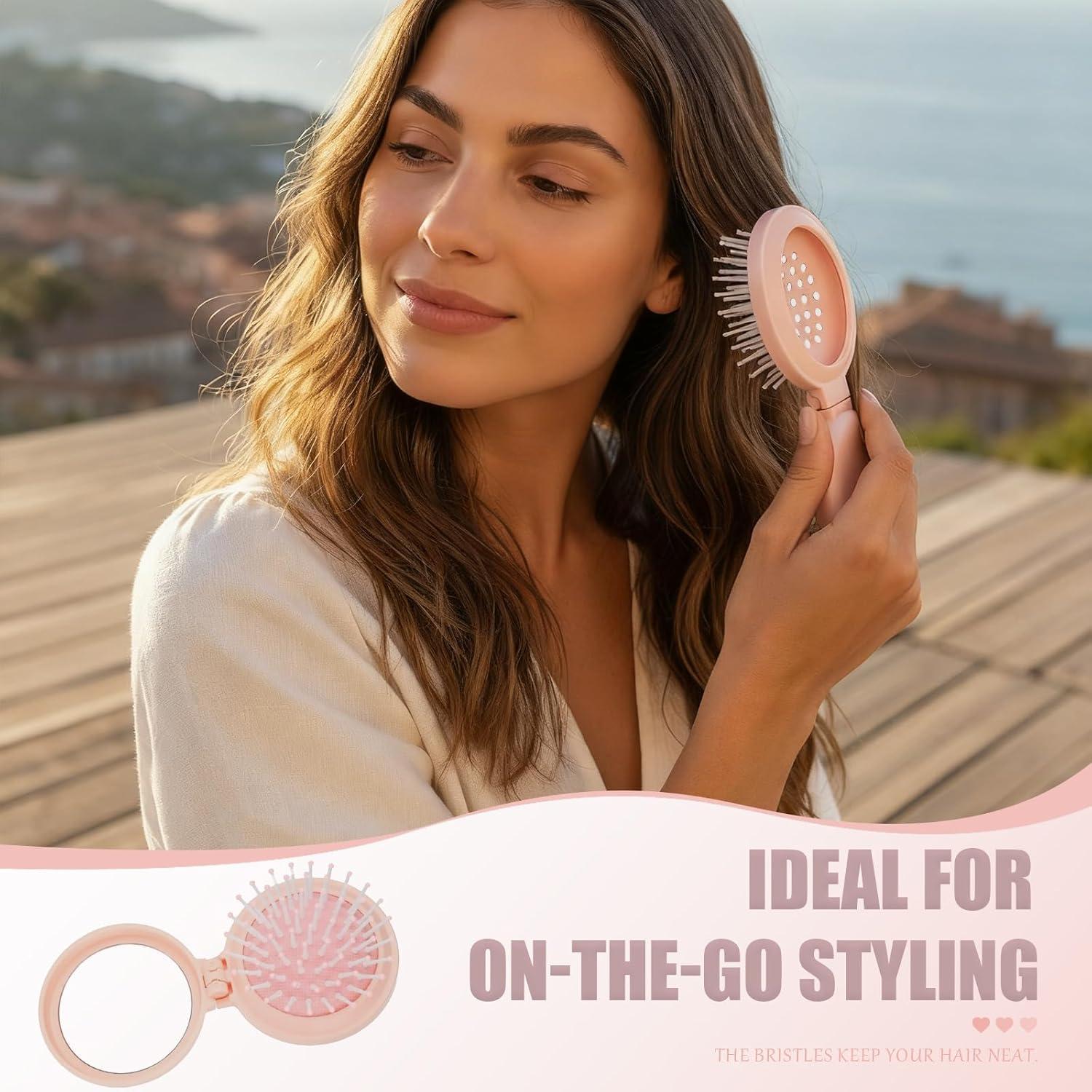 Mini Cepillo Plegable con Espejo Rosa - Cerdas Nylon Suaves