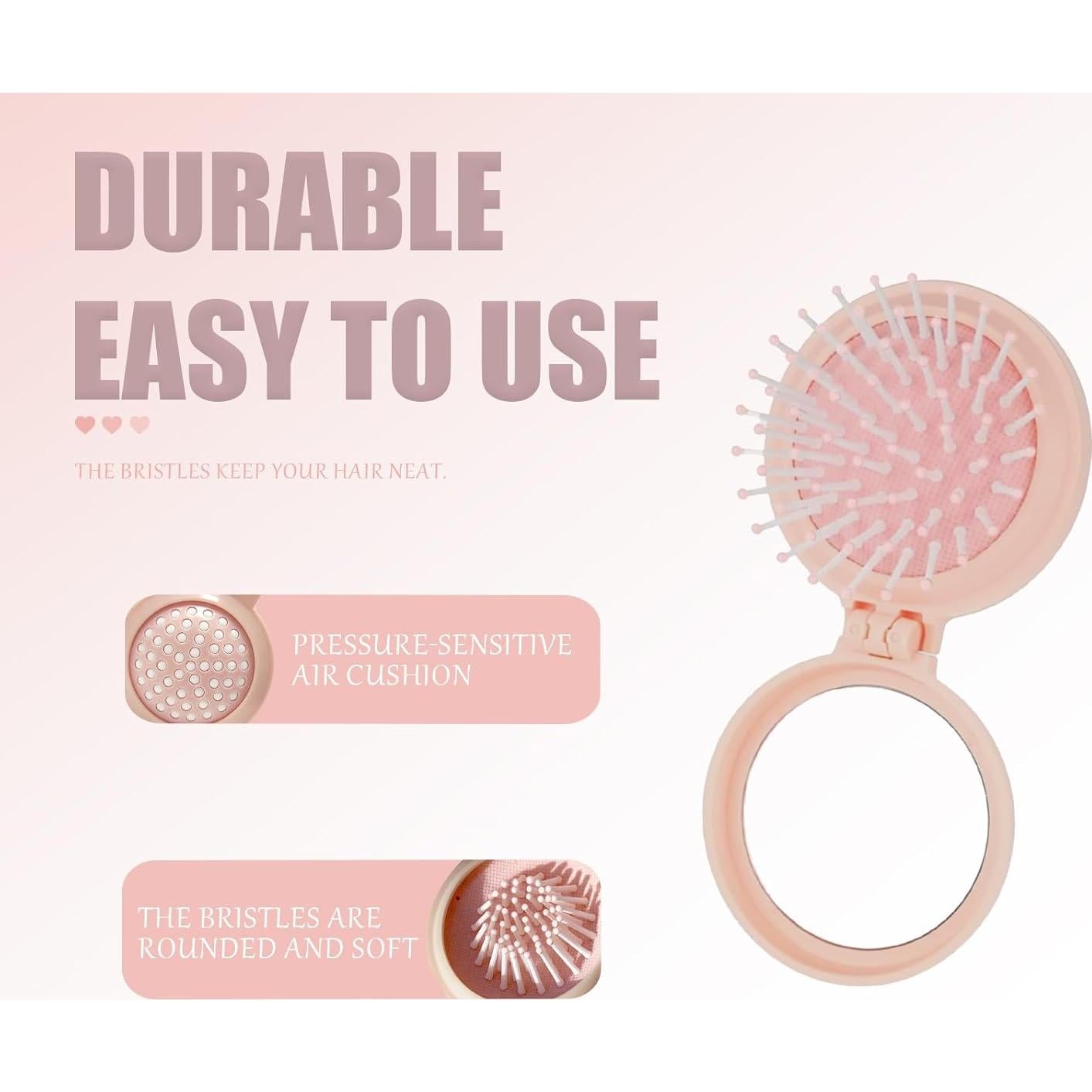 Mini Cepillo Plegable con Espejo Rosa - Cerdas Nylon Suaves