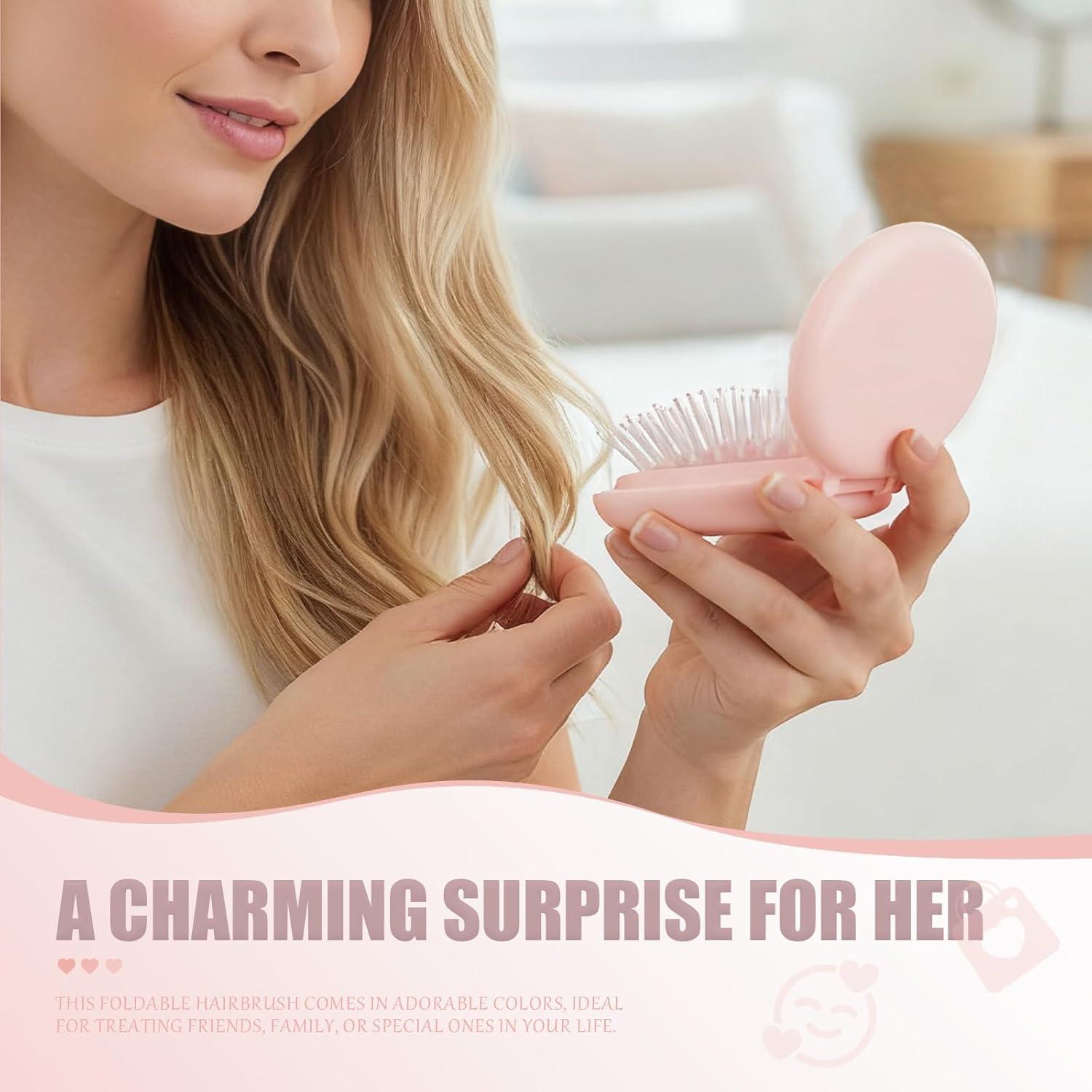Mini Cepillo Plegable con Espejo Rosa - Cerdas Nylon Suaves
