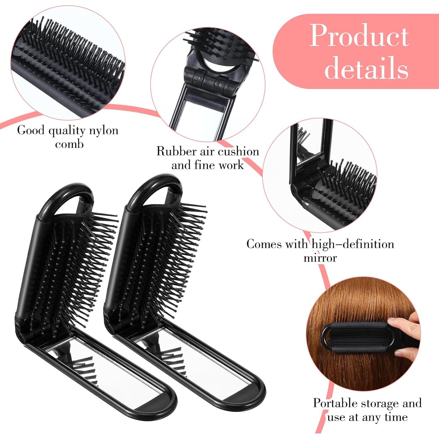 4 Piezas Cepillo de Pelo Plegable KFHENSOMR con Espejo Negro