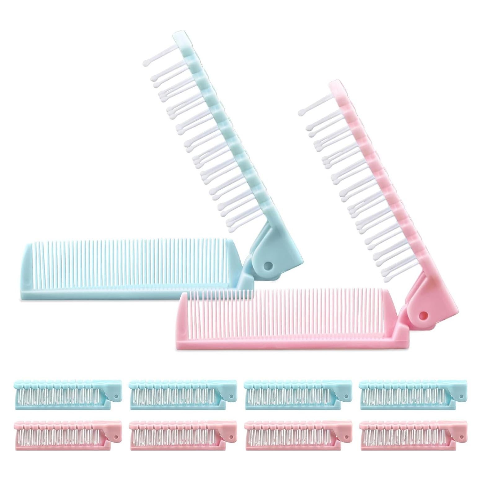 10 Cepillos de Pelo Plegables Etenpo Rosa y Azul Viaje