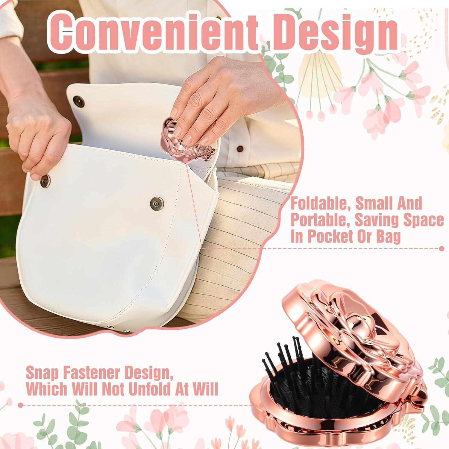 Cepillo de Pelo Compacto Exircy con Espejo - Rosa Mini 7x6cm