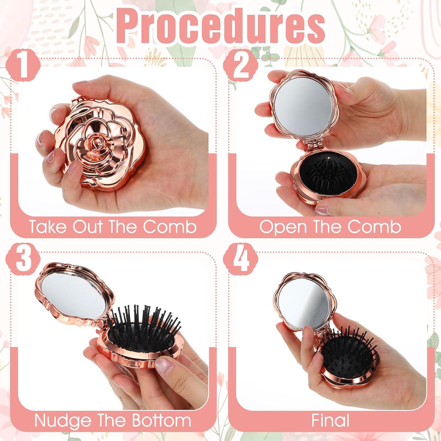 Cepillo de Pelo Compacto Exircy con Espejo - Rosa Mini 7x6cm