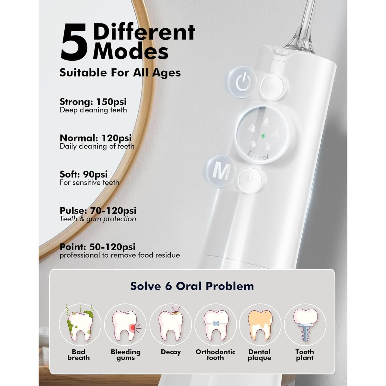 Irrigador Oral Inalámbrico Bezvoi Y215, 300ml, 5 Modos, IPX7