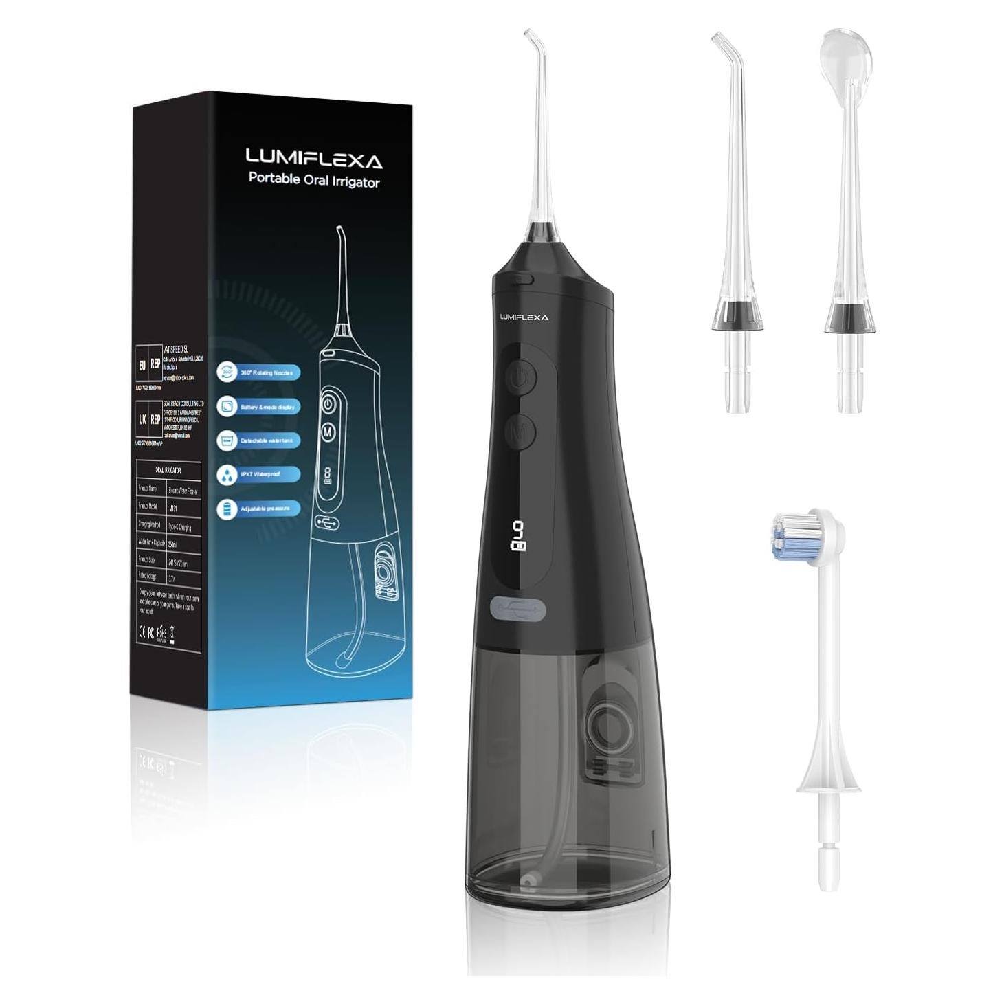 Irrigador Dental Inalámbrico Lumiflexa M131 300ML IPX7 Negro