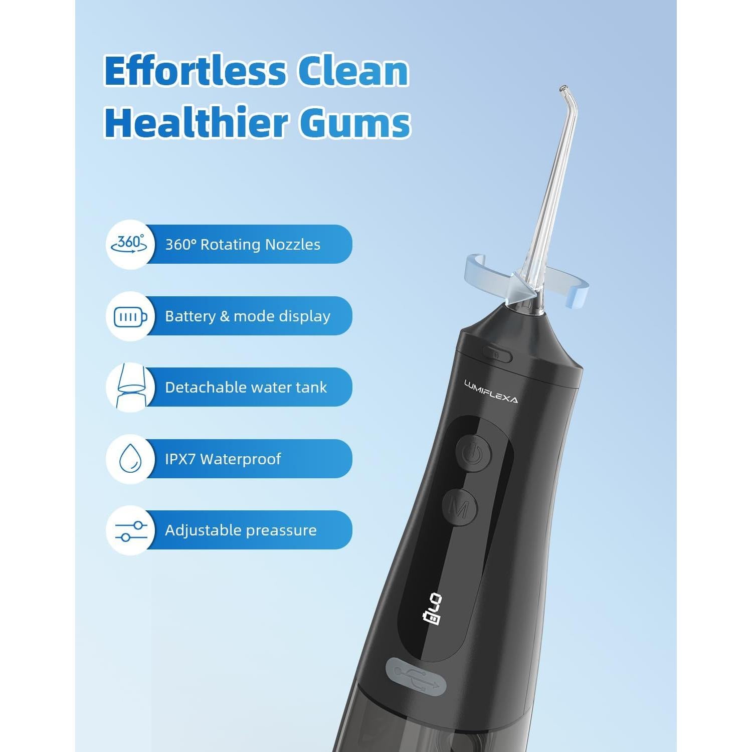 Irrigador Dental Inalámbrico Lumiflexa M131 300ML IPX7 Negro