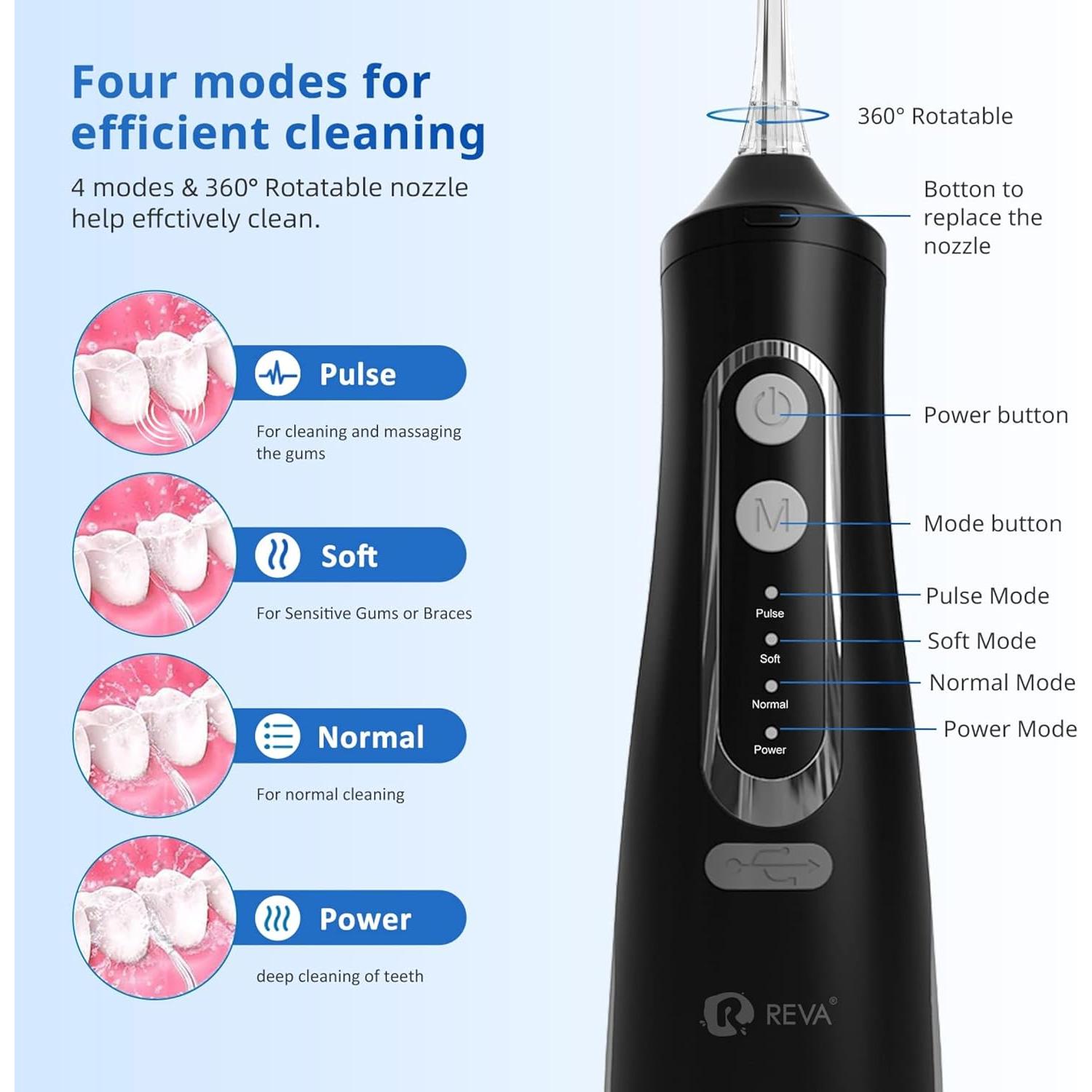 Irrigador Oral Eléctrico Reva M209 - 310ML, 4 Modos, Negro