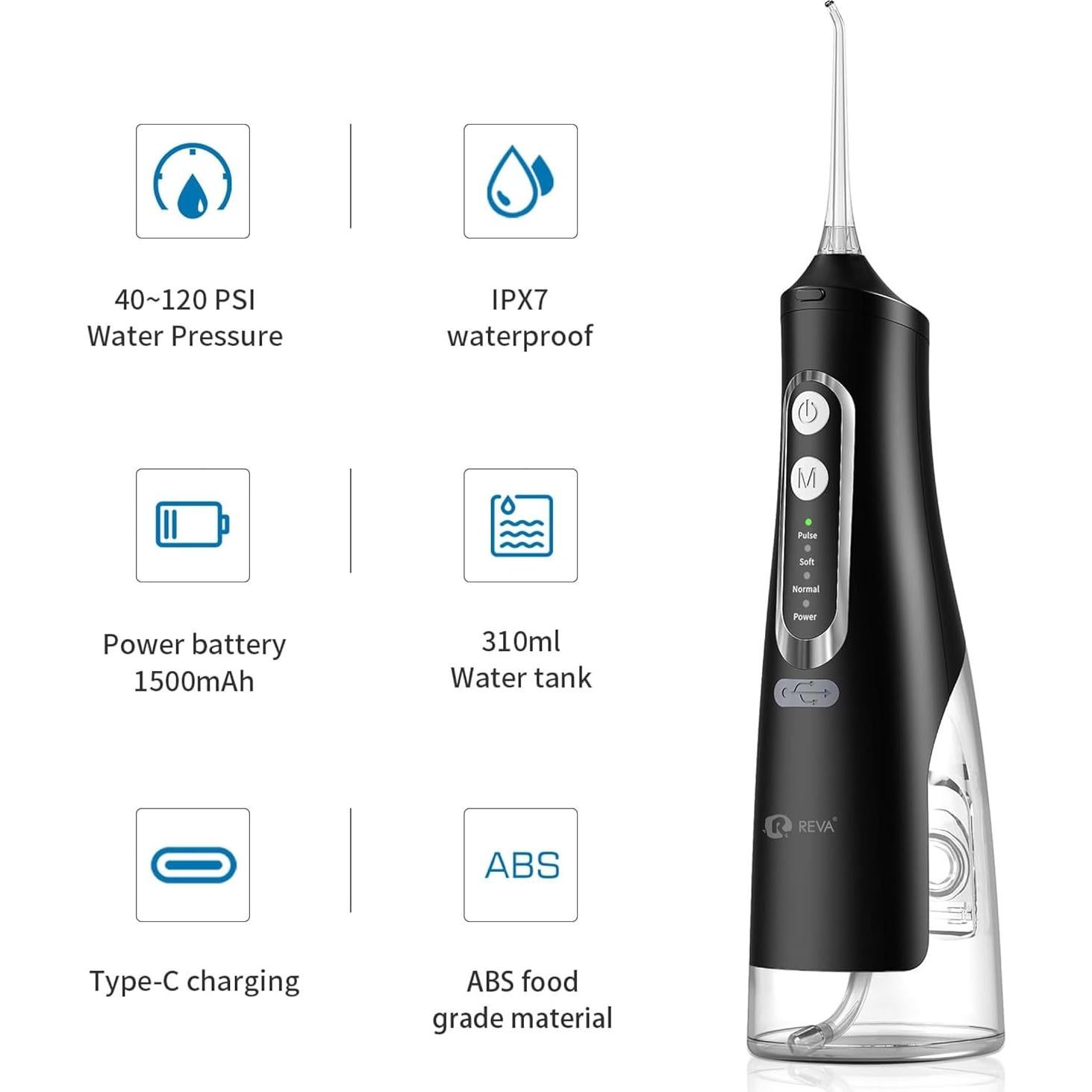 Irrigador Oral Eléctrico Reva M209 - 310ML, 4 Modos, Negro
