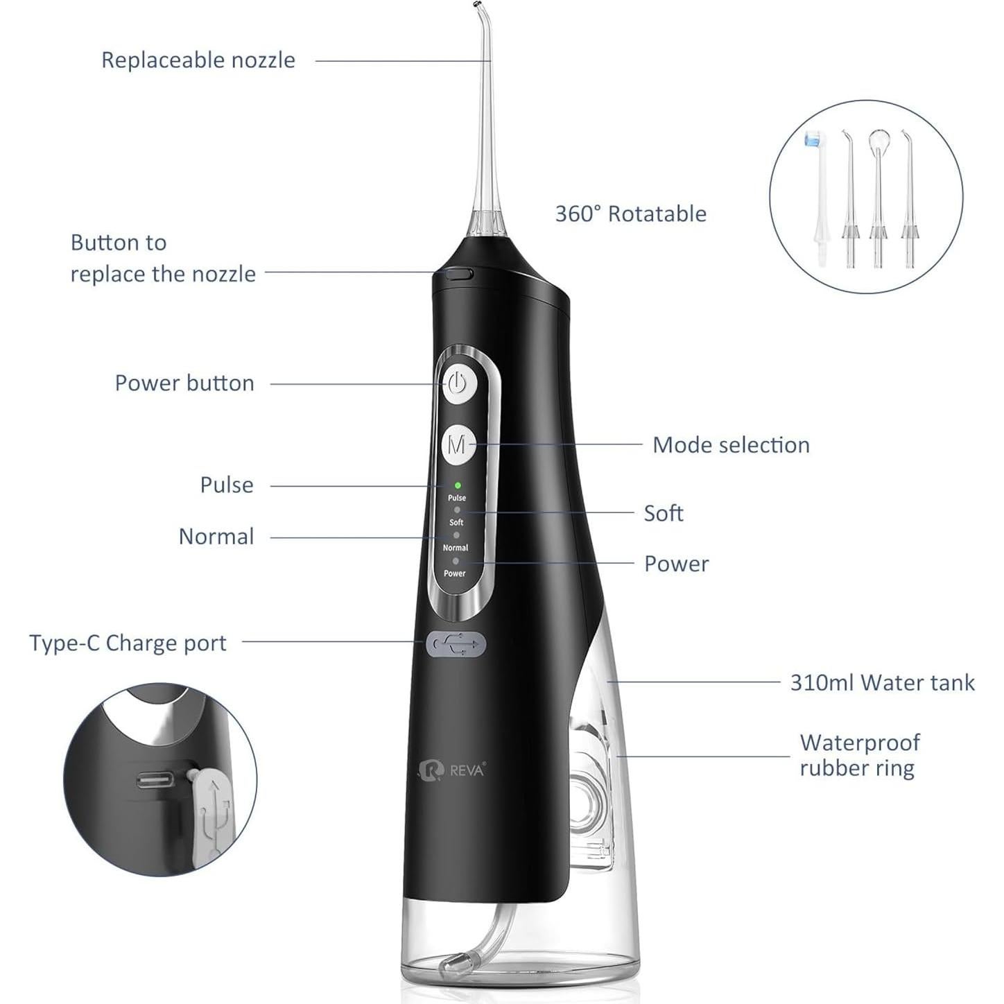 Irrigador Oral Eléctrico Reva M209 - 310ML, 4 Modos, Negro