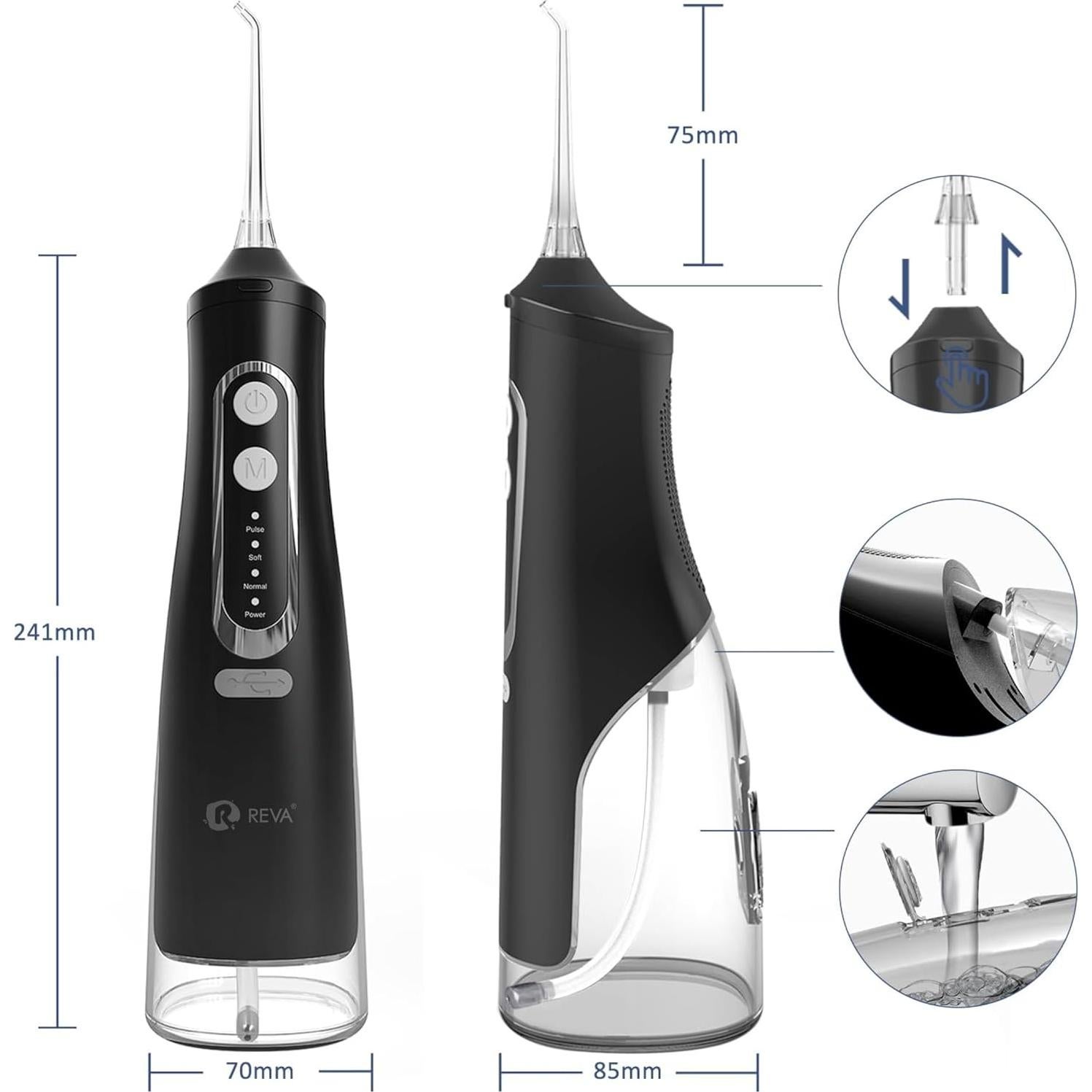 Irrigador Oral Eléctrico Reva M209 - 310ML, 4 Modos, Negro