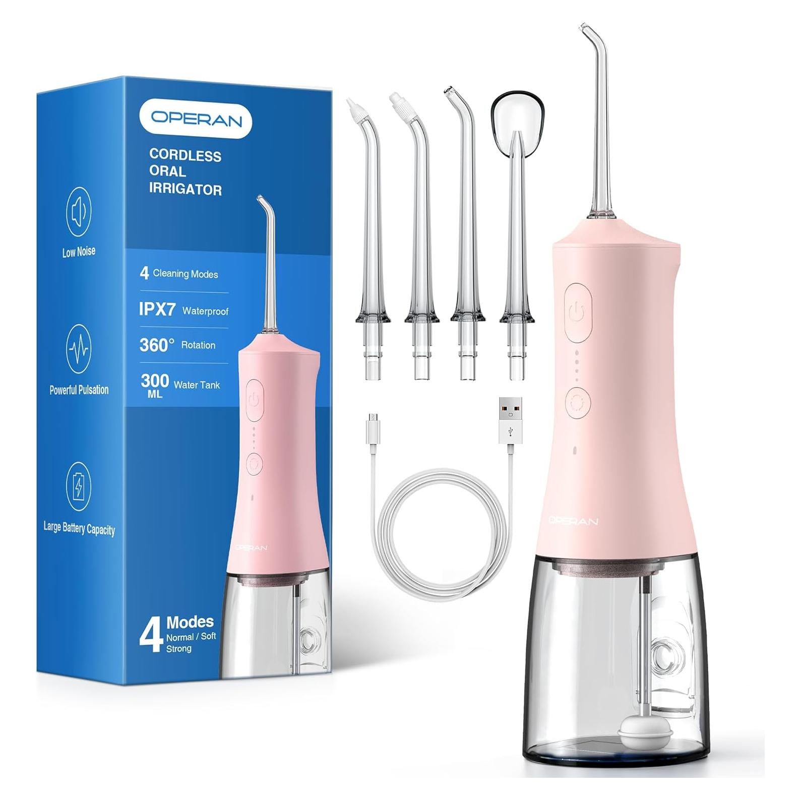 Irrigador Oral Inalámbrico Operan 300ml Rosa con 4 Modos