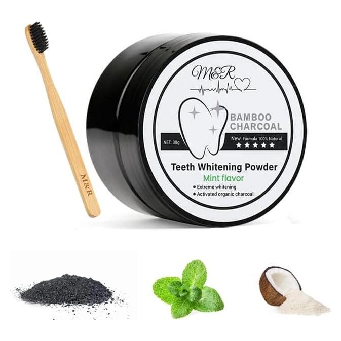 Carbón Activado Orgánico M&R 30g + Cepillo de Bambú - Blanqueador Dental