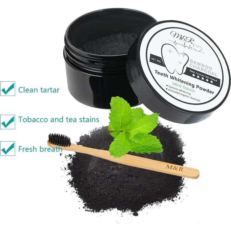 Carbón Activado Orgánico M&R 30g + Cepillo de Bambú - Blanqueador Dental