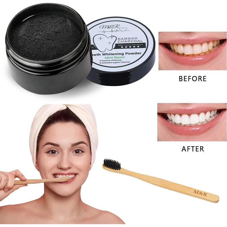 Carbón Activado Orgánico M&R 30g + Cepillo de Bambú - Blanqueador Dental