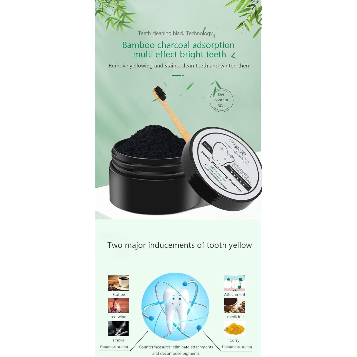 Carbón Activado Orgánico M&R 30g + Cepillo de Bambú - Blanqueador Dental