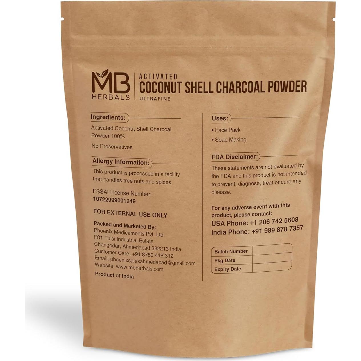 Polvo de Carbón Activado MB Herbals 100g Cáscara de Coco