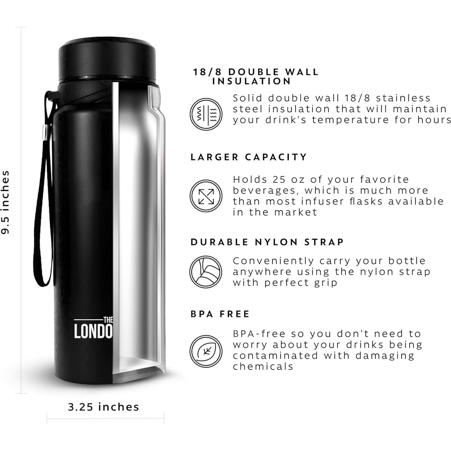 Botella Infusora de Té London Sip 750 ml Acero Inoxidable Negro