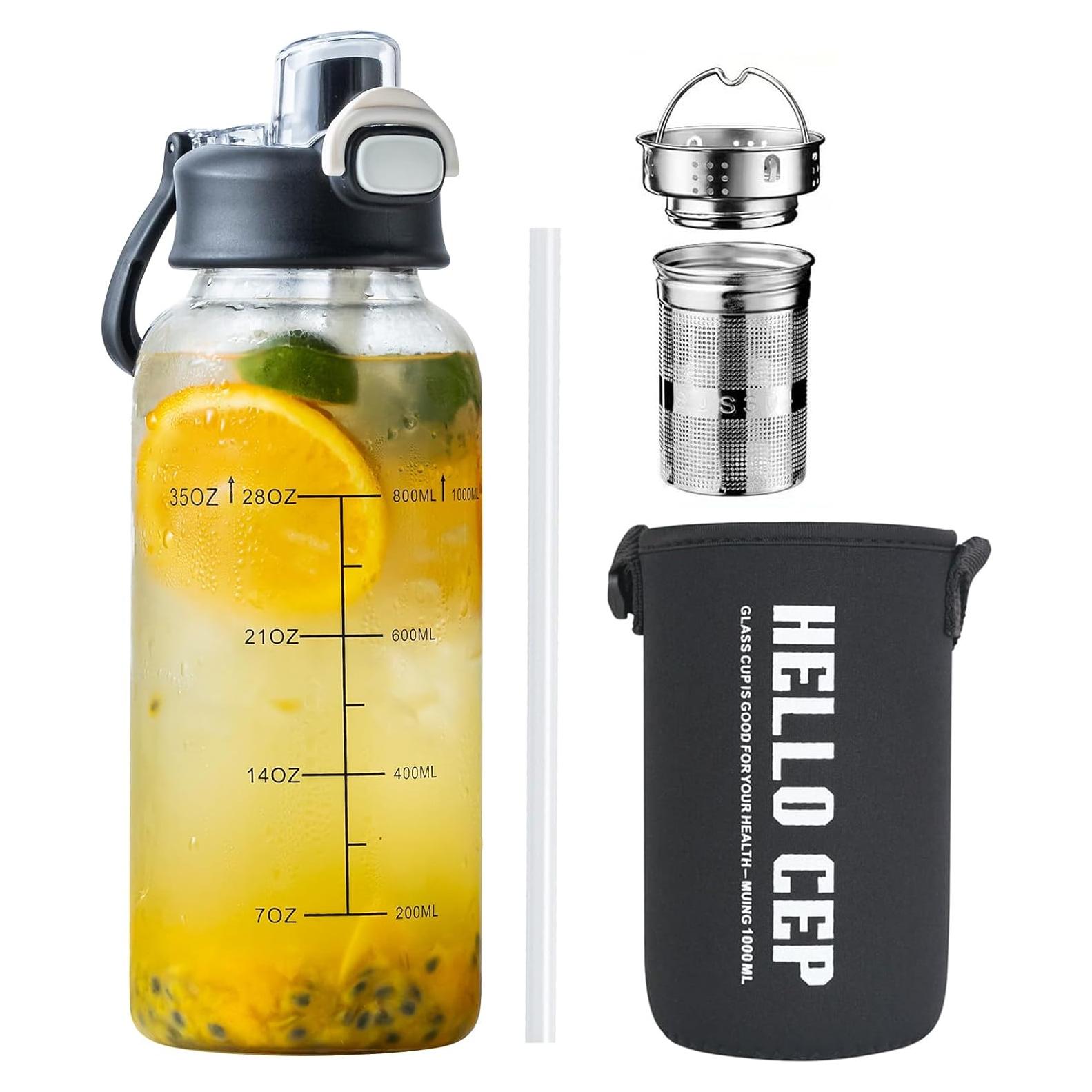 Botella de Agua de Vidrio 1L Aurfedes con Popote y Funda