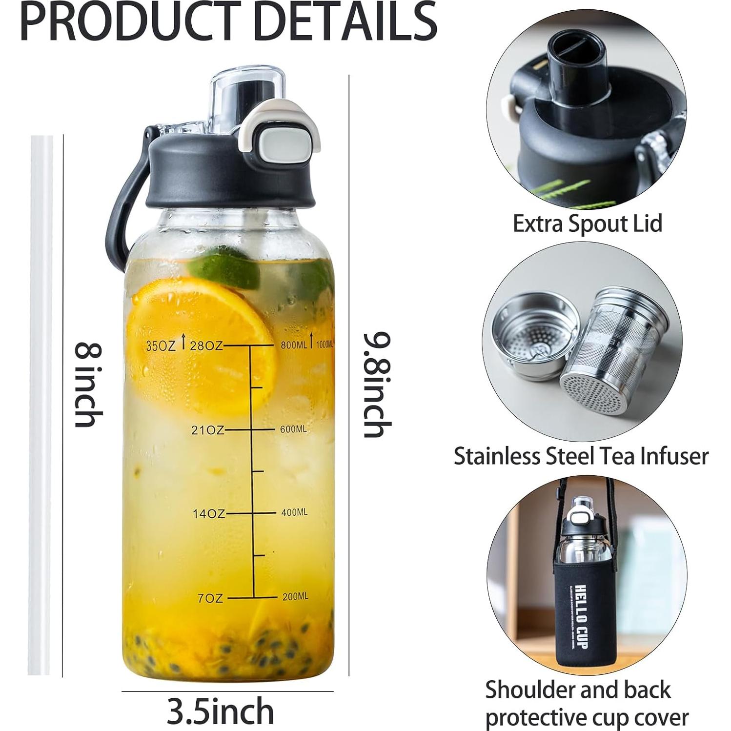 Botella de Agua de Vidrio 1L Aurfedes con Popote y Funda