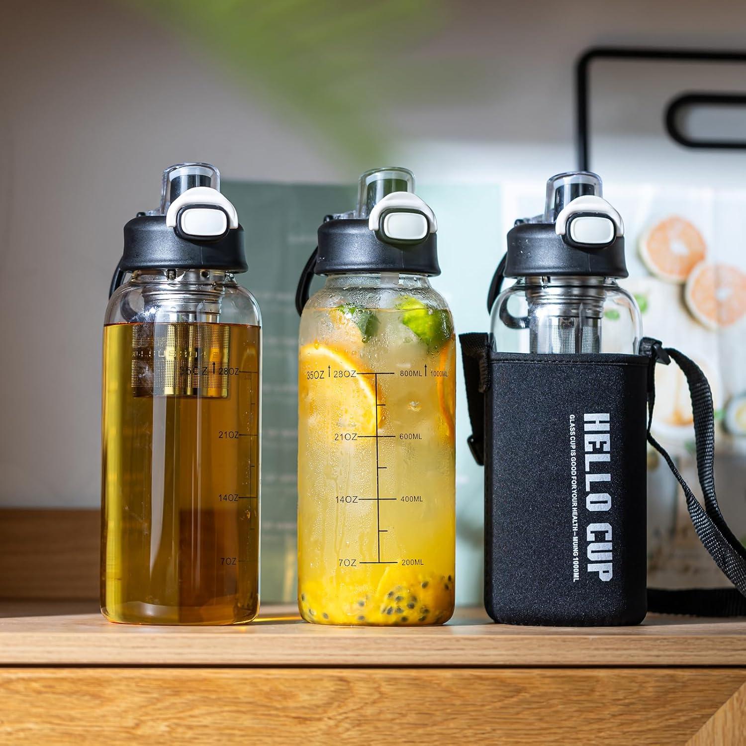 Botella de Agua de Vidrio 1L Aurfedes con Popote y Funda