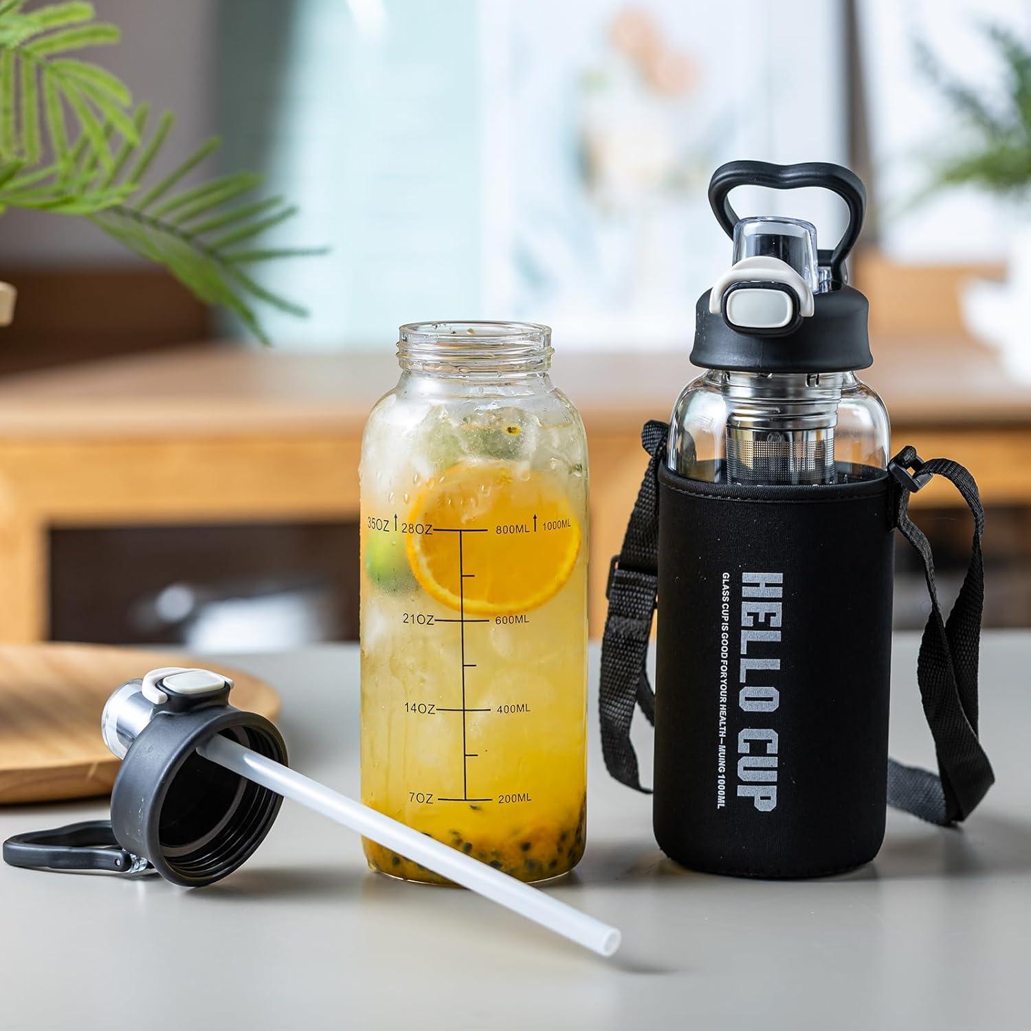 Botella de Agua de Vidrio 1L Aurfedes con Popote y Funda