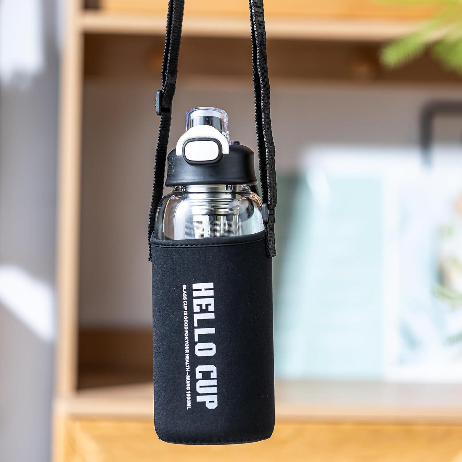 Botella de Agua de Vidrio 1L Aurfedes con Popote y Funda