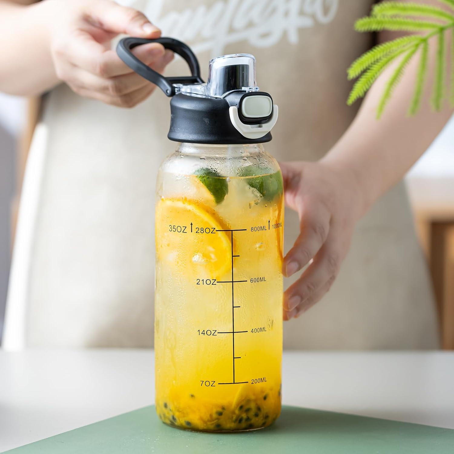 Botella de Agua de Vidrio 1L Aurfedes con Popote y Funda