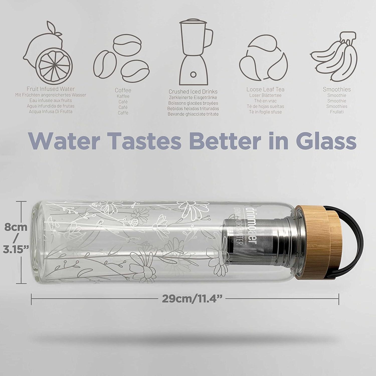 Botella de Agua de Vidrio 1000ml Drinmoaer con Infusor y Tapa de Bambú