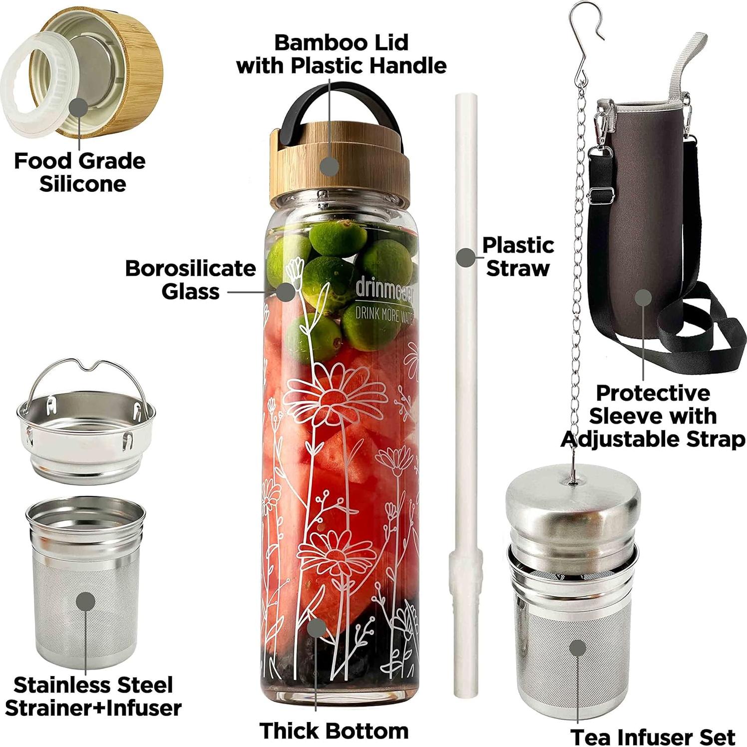 Botella de Agua de Vidrio 1000ml Drinmoaer con Infusor y Tapa de Bambú