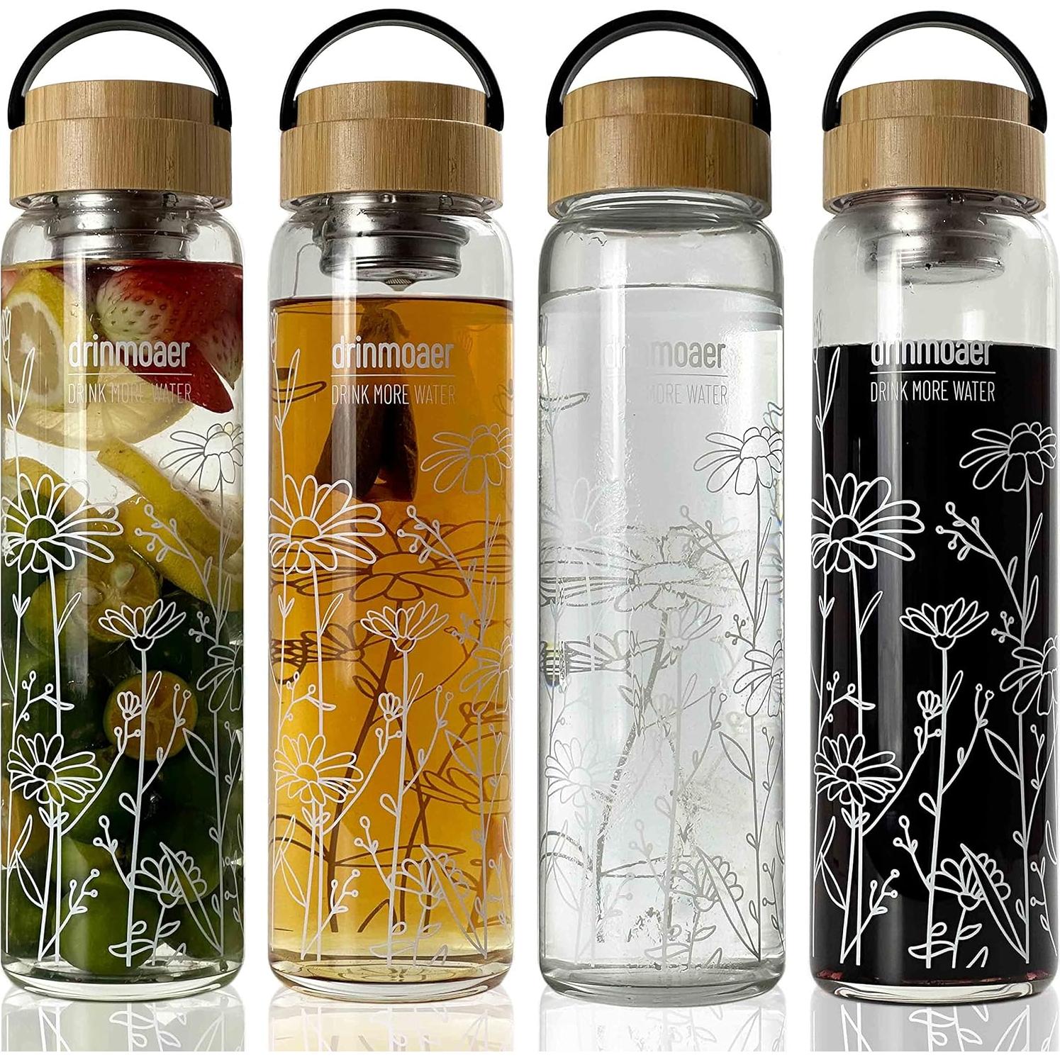 Botella de Agua de Vidrio 1000ml Drinmoaer con Infusor y Tapa de Bambú